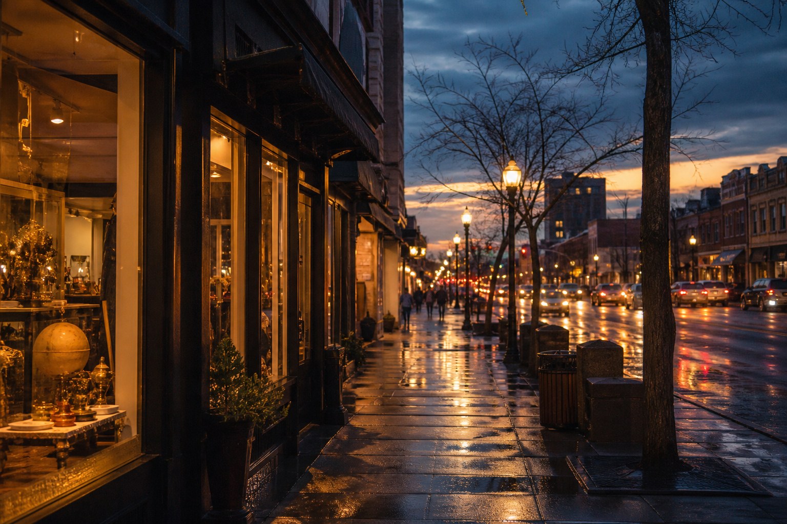 Downtown storefronts at twilight, wet pavement reflecting gold streetlamps.