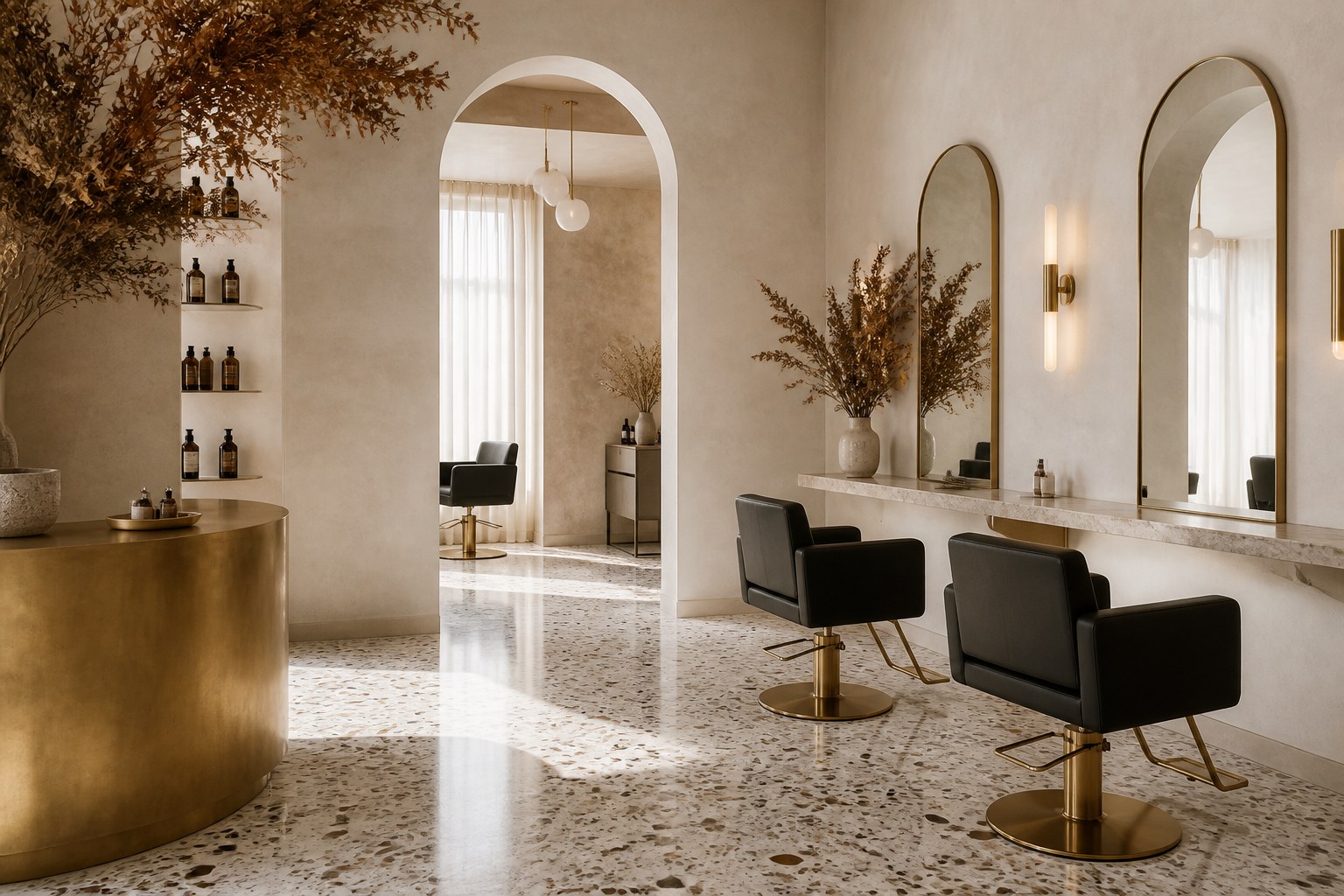 Salon interior with mirrors and chairs.